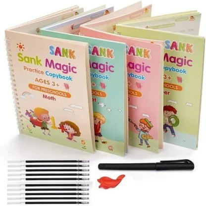 Sank Magic Book, Practice Book, Reusable (4 Books + 1 Magic Pen & 10 ink Refills) For Kids