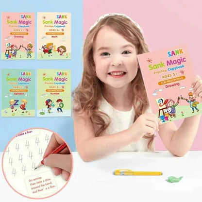 Sank Magic Book, Practice Book, Reusable (4 Books + 1 Magic Pen & 10 ink Refills) For Kids